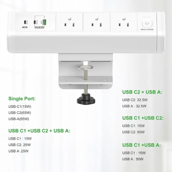 PowerClamp™ USB-C PD 65W: Toma de Corriente Múltiple para Escritorio